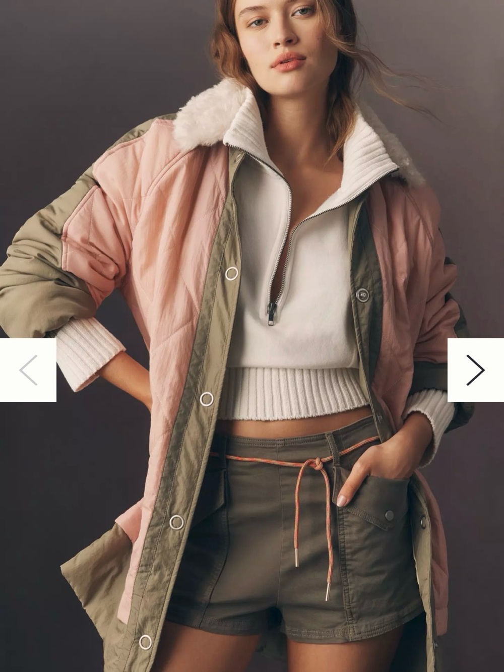 Anthropologie Pink and Olive Quilted Puffer with Sherpa Collar